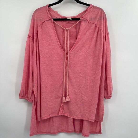We The Free Women's Long Sleeve V-Neck Tasseled Necktie Flowy Pink Top Size S - Picture 1 of 7